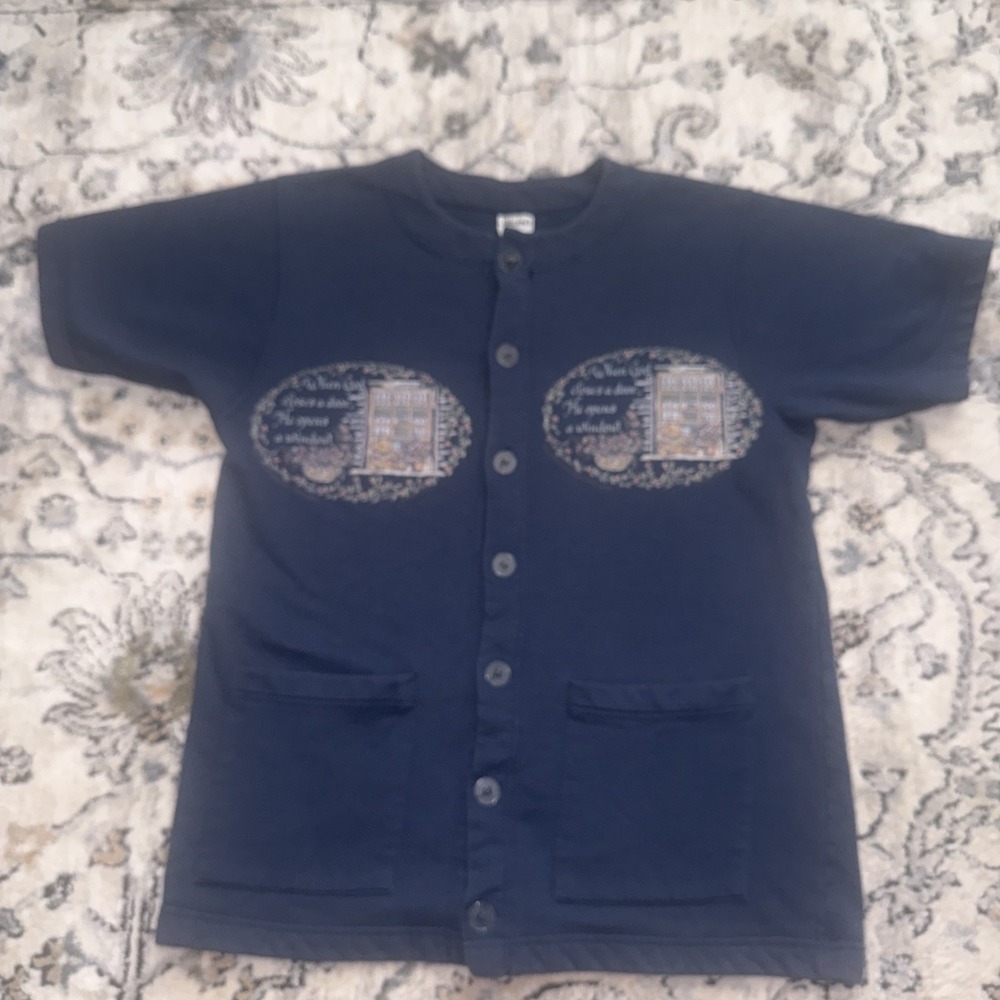 Vintage Womens Blue S/S Sweatshirt Crewneck USA 90s Button Religious Cottage